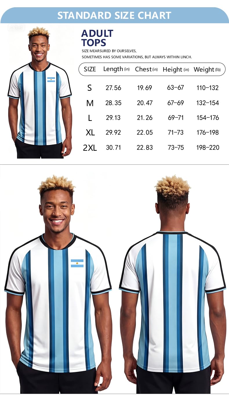 Men's Argentina Flag Soccer Jersey, Blue & White Striped, Short Sleeve, S-2XL
