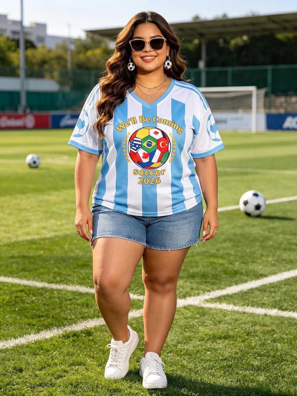 Plus Size Women Soccer Jersey Oversized V-Neck Tee