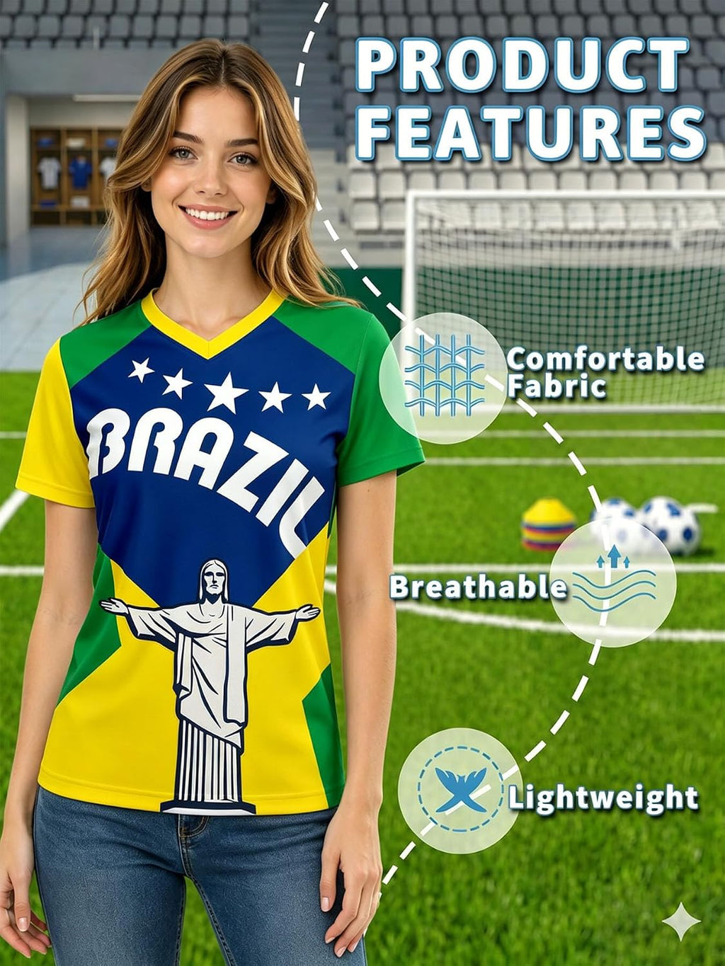 Women's V-Neck Soccer Jersey Shirt Short Sleeve Game Day Top S-2XL