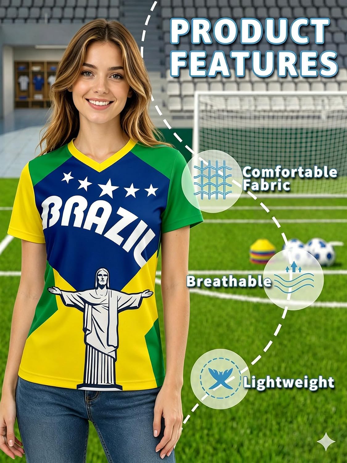Women's V-Neck Soccer Jersey Shirt Short Sleeve Game Day Top S-2XL