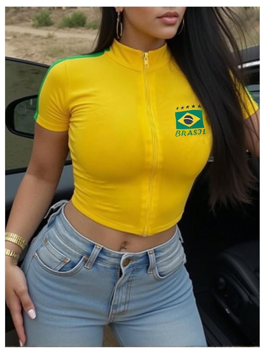 Women's Brazil Soccer Jersey Zip Up Crop Top Short Sleeve Summer Tee