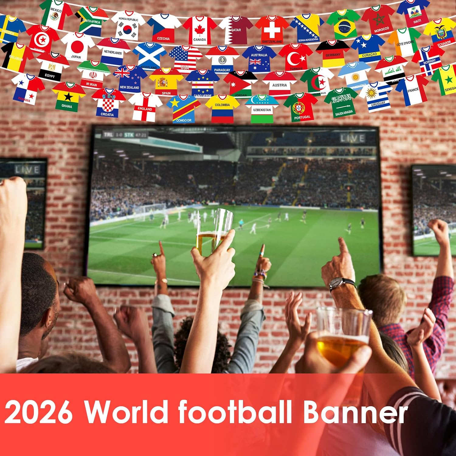 World Soccer Banner Jersey Flags - 48 Teams Double Sided, Pre-tied Cloth Decor
