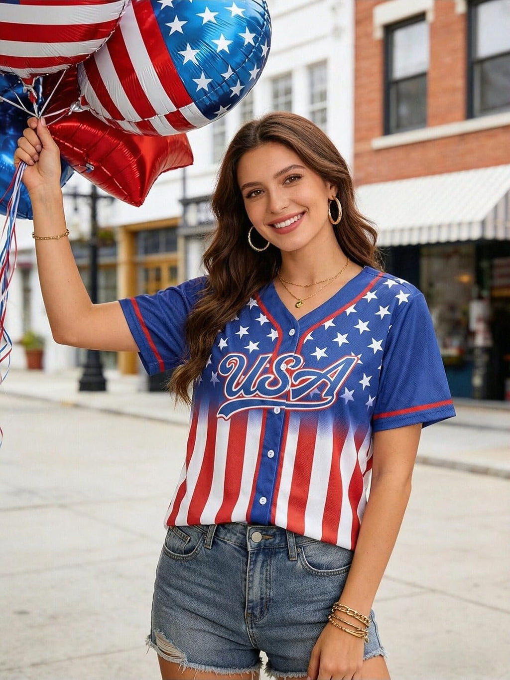 Women's USA Soccer Jersey - Patriotic 4th of July Button Down Shirt