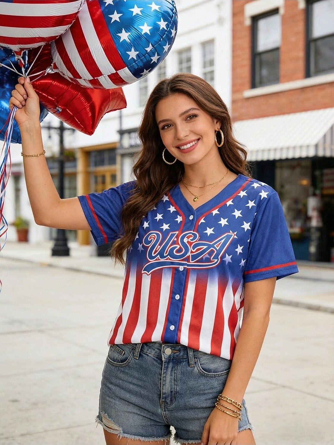 Women's USA Soccer Jersey - Patriotic 4th of July Button Down Shirt