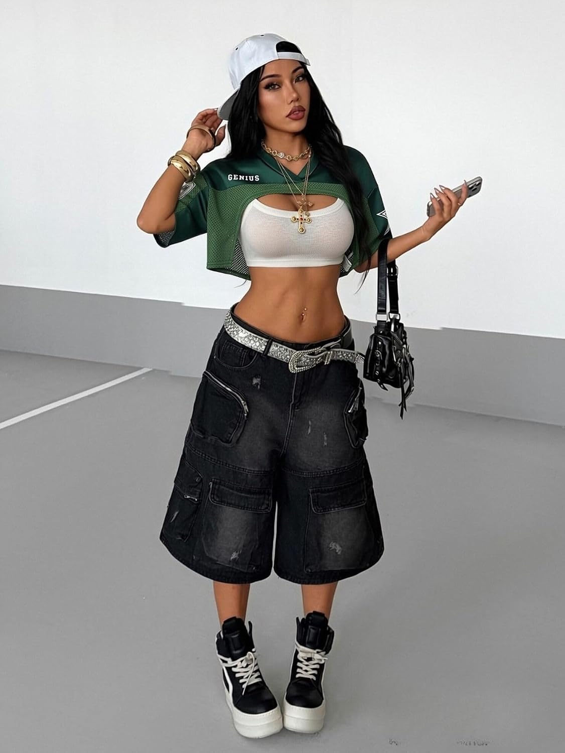 Women's Y2K Oversized Crop Top Mesh Spliced Satin Drop Shoulder Jersey Shirt