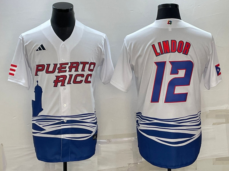 Men's 2023 World Baseball Classic #12 Francisco Lindor Puerto Rico White Jerseys
