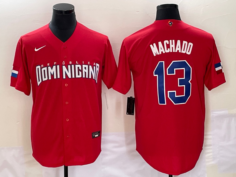 Men's 2023 World Baseball Classic #13 Manny Machado Dominican Republic Red Jerseys