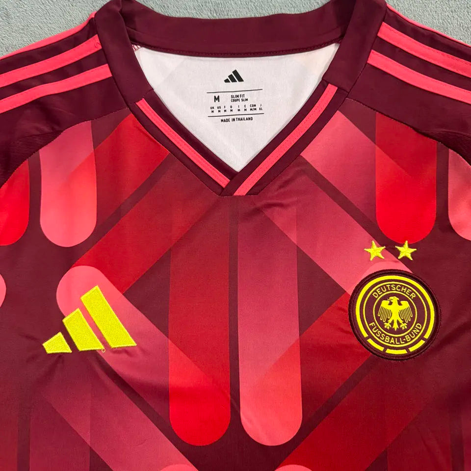 2025/26 Germany Away Red Fans Soccer Jersey (2 Star 两星） Detail 1