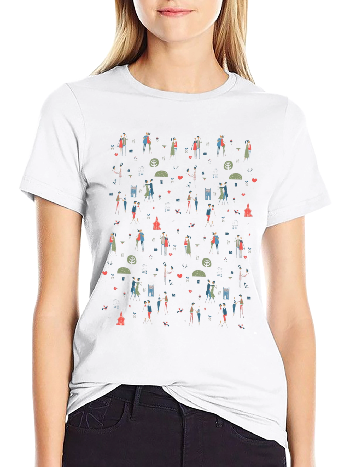 Quirky Couple Pattern T-Shirt - Black