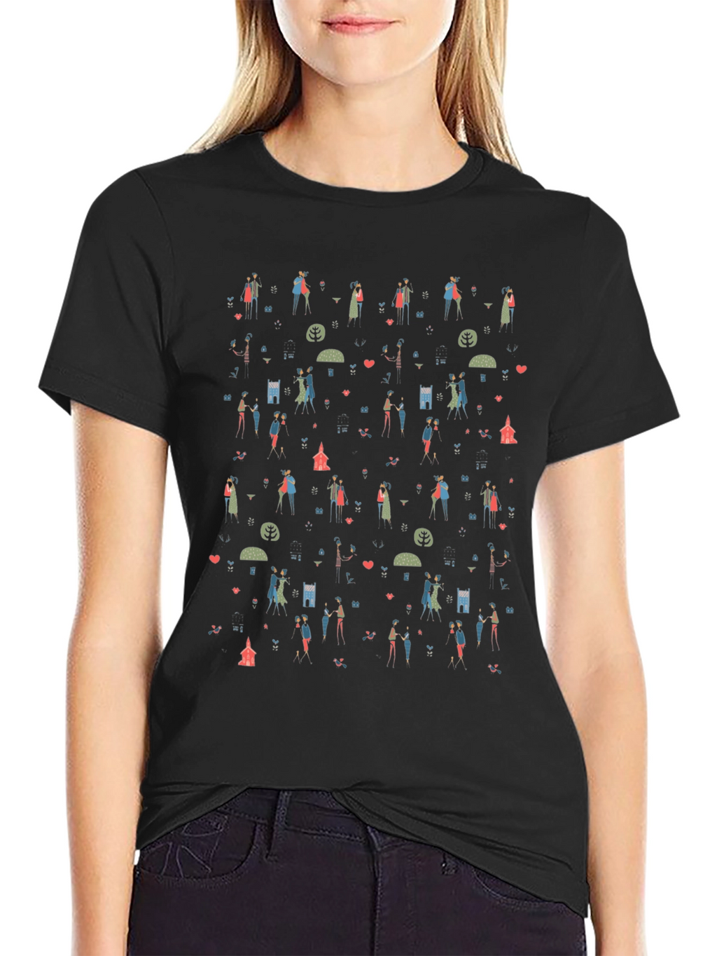 Quirky Couple Pattern T-Shirt - Black