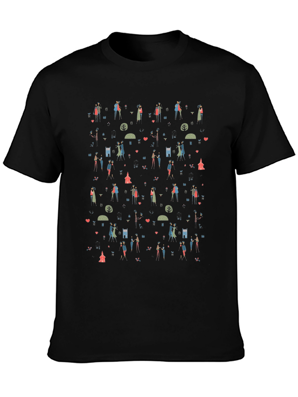 Quirky Couple Pattern T-Shirt - Black