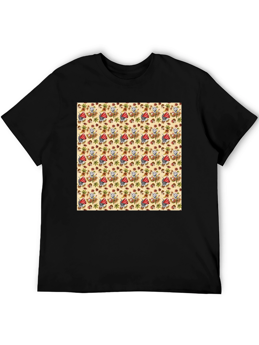 Funky Mushroom & Squirrel Print Black T-Shirt