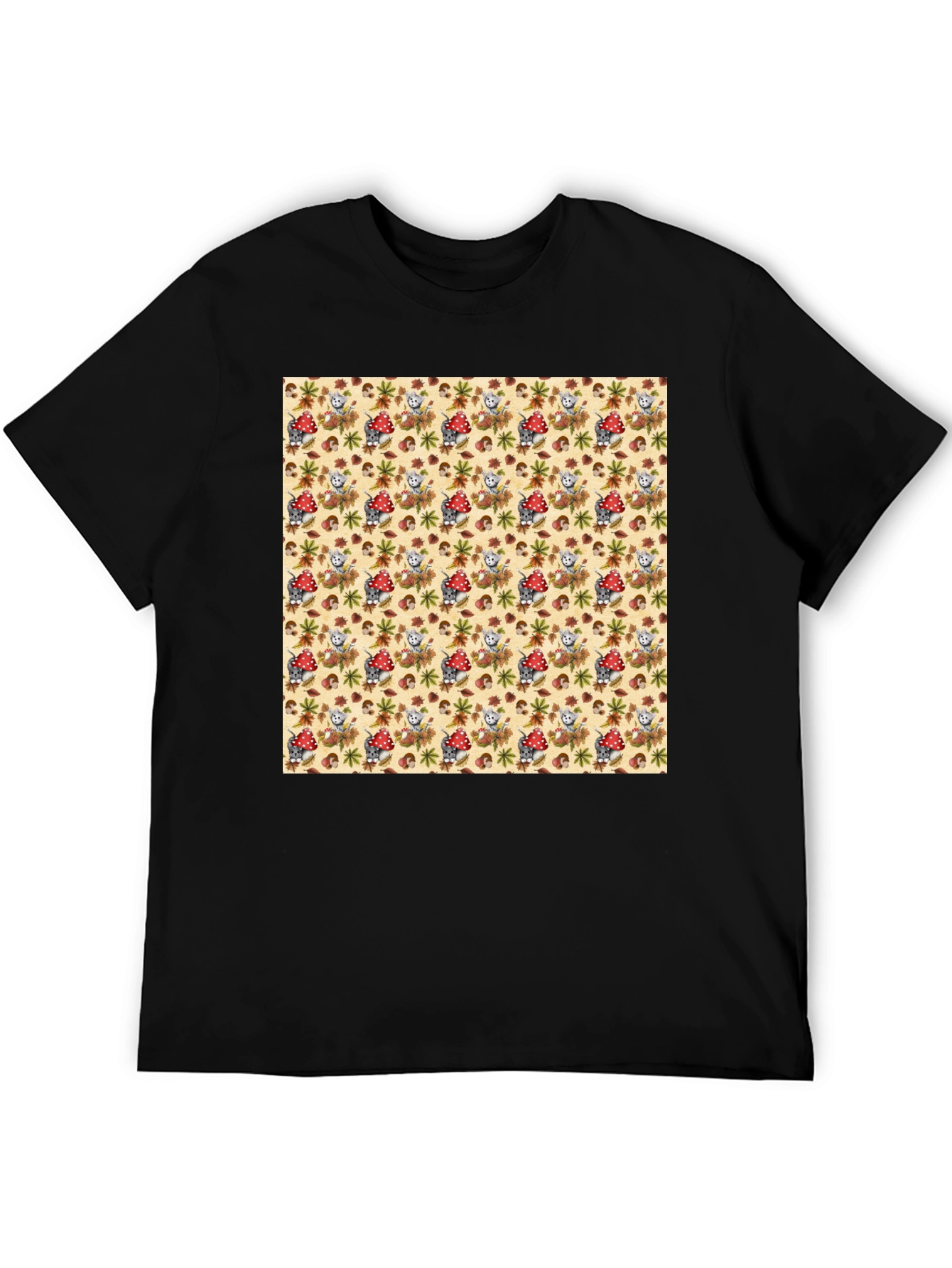 Funky Mushroom & Squirrel Print Black T-Shirt