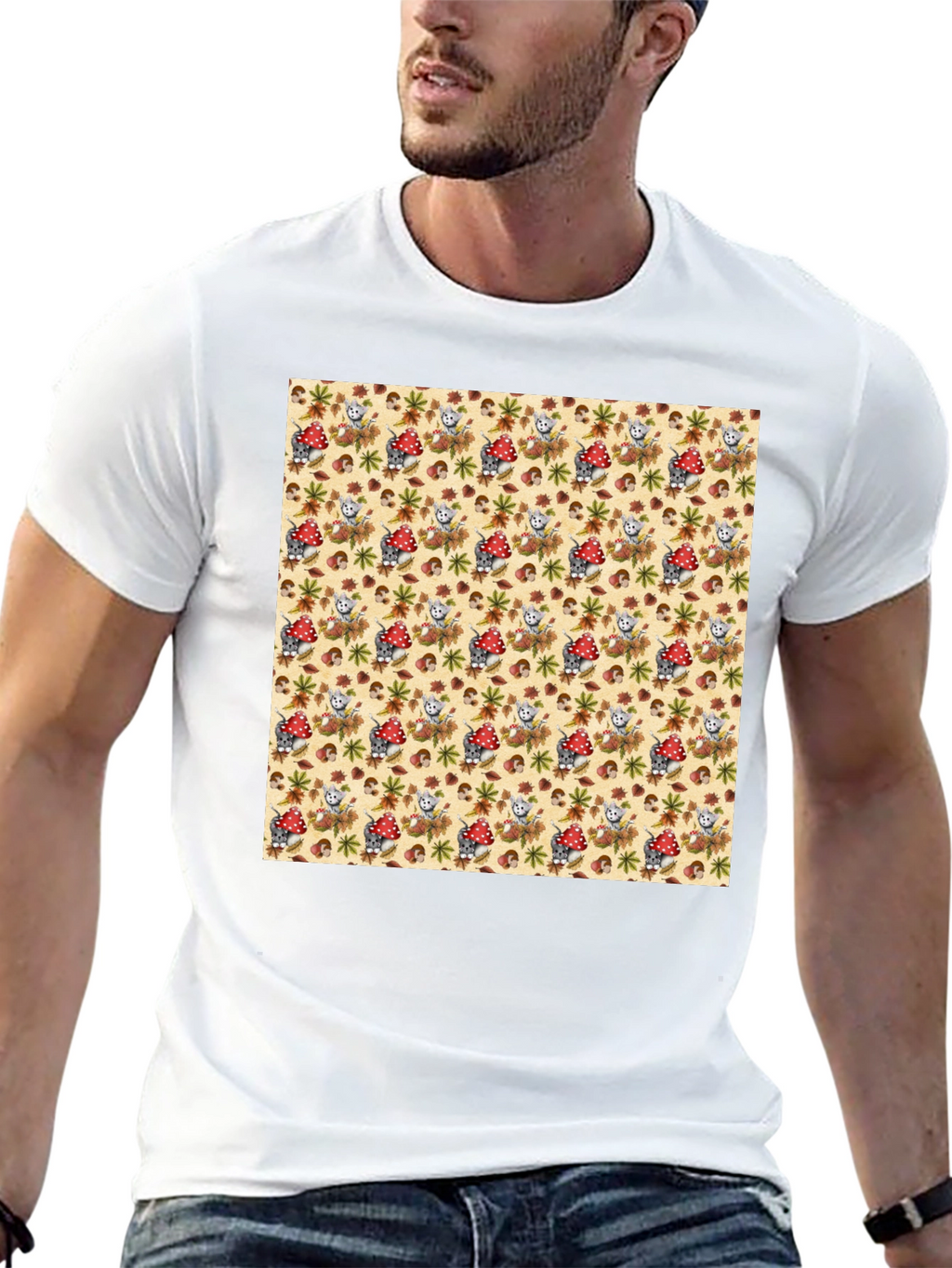 Funky Mushroom & Squirrel Print Black T-Shirt