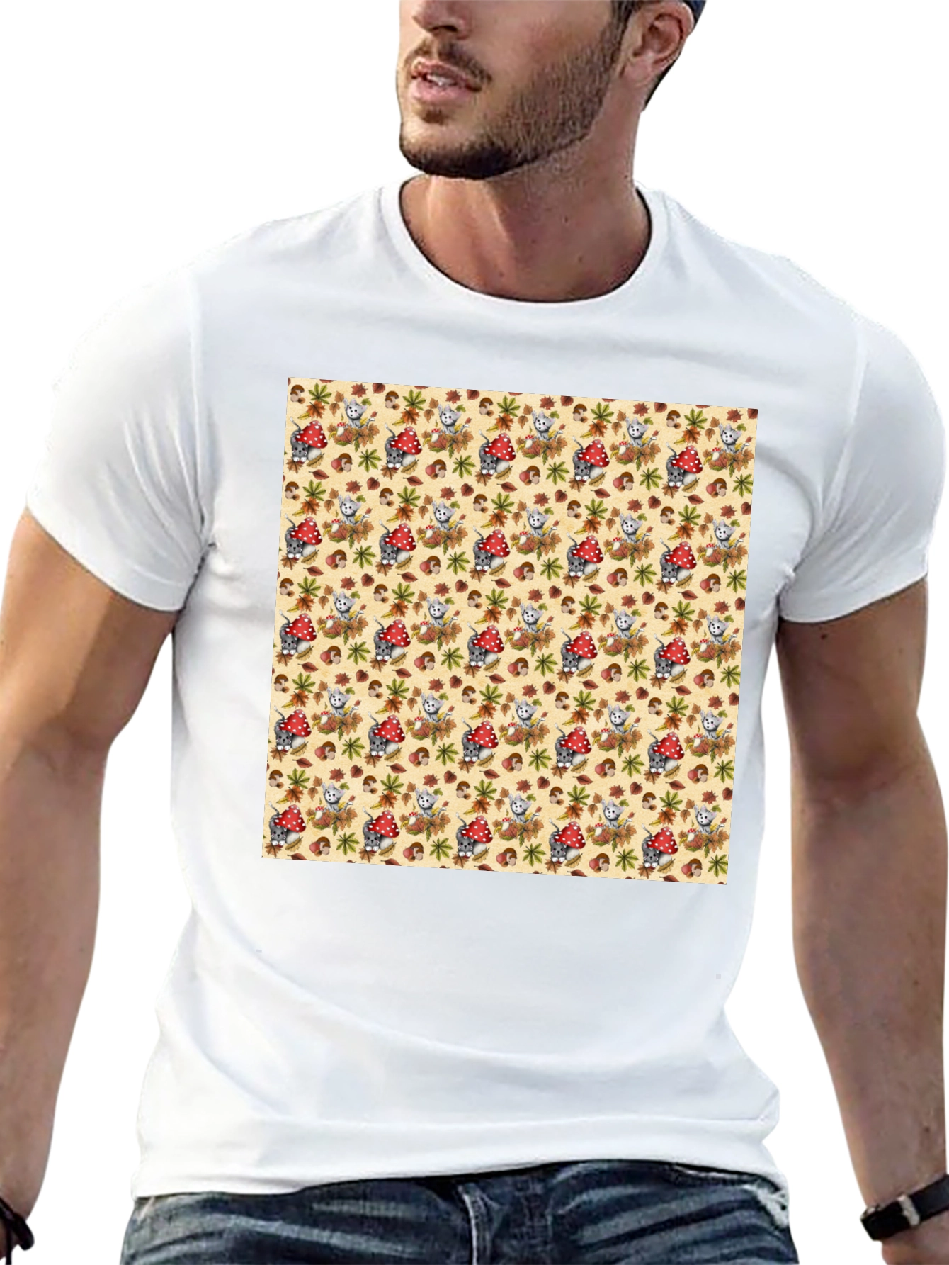 Funky Mushroom & Squirrel Print Black T-Shirt