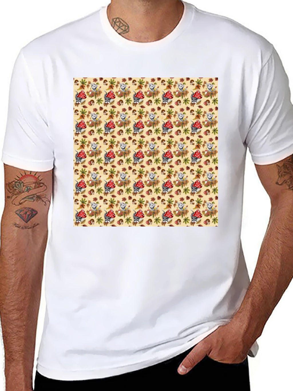 Funky Mushroom & Squirrel Print Black T-Shirt