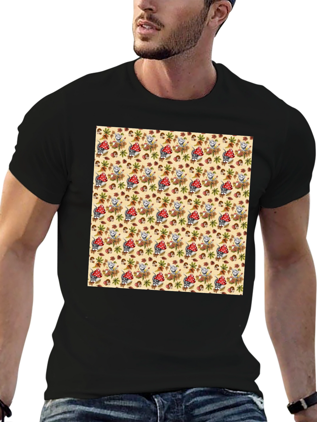 Funky Mushroom & Squirrel Print Black T-Shirt