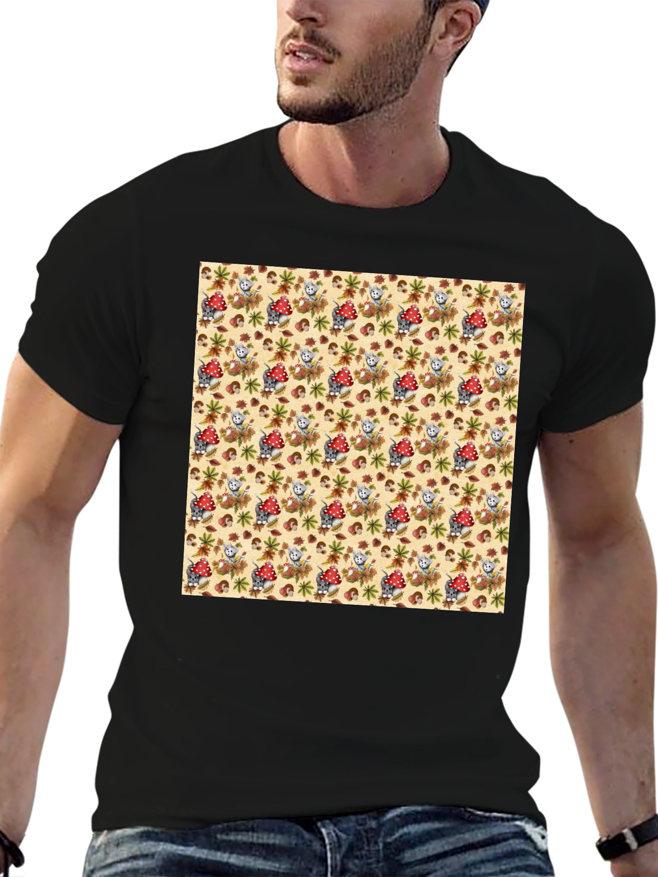 Funky Mushroom & Squirrel Print Black T-Shirt