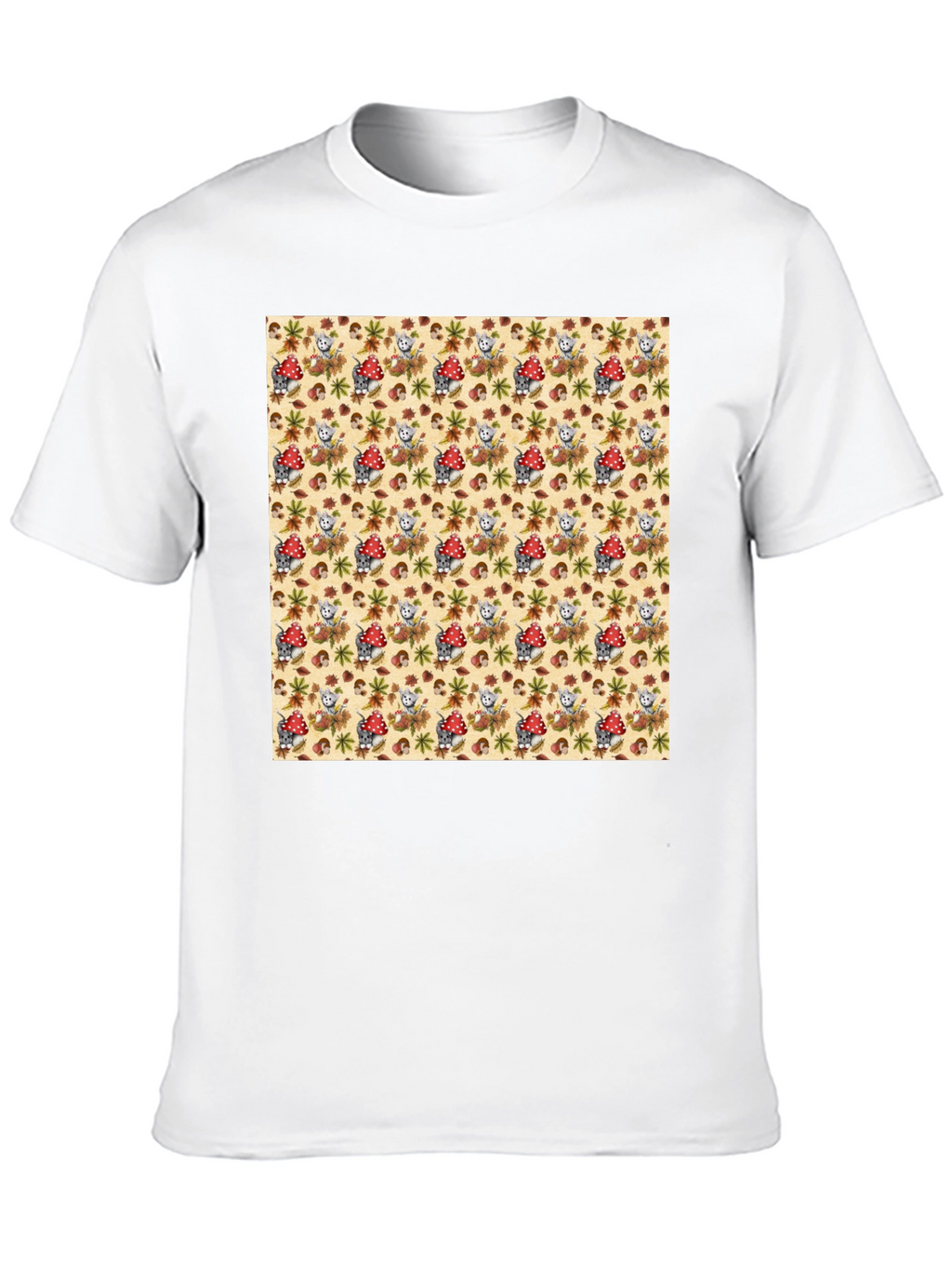 Funky Mushroom & Squirrel Print Black T-Shirt
