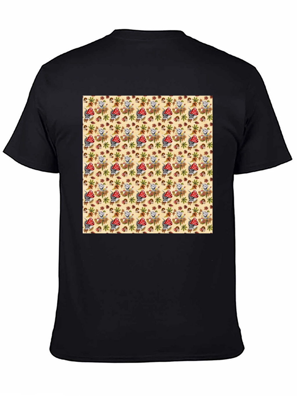 Funky Mushroom & Squirrel Print Black T-Shirt