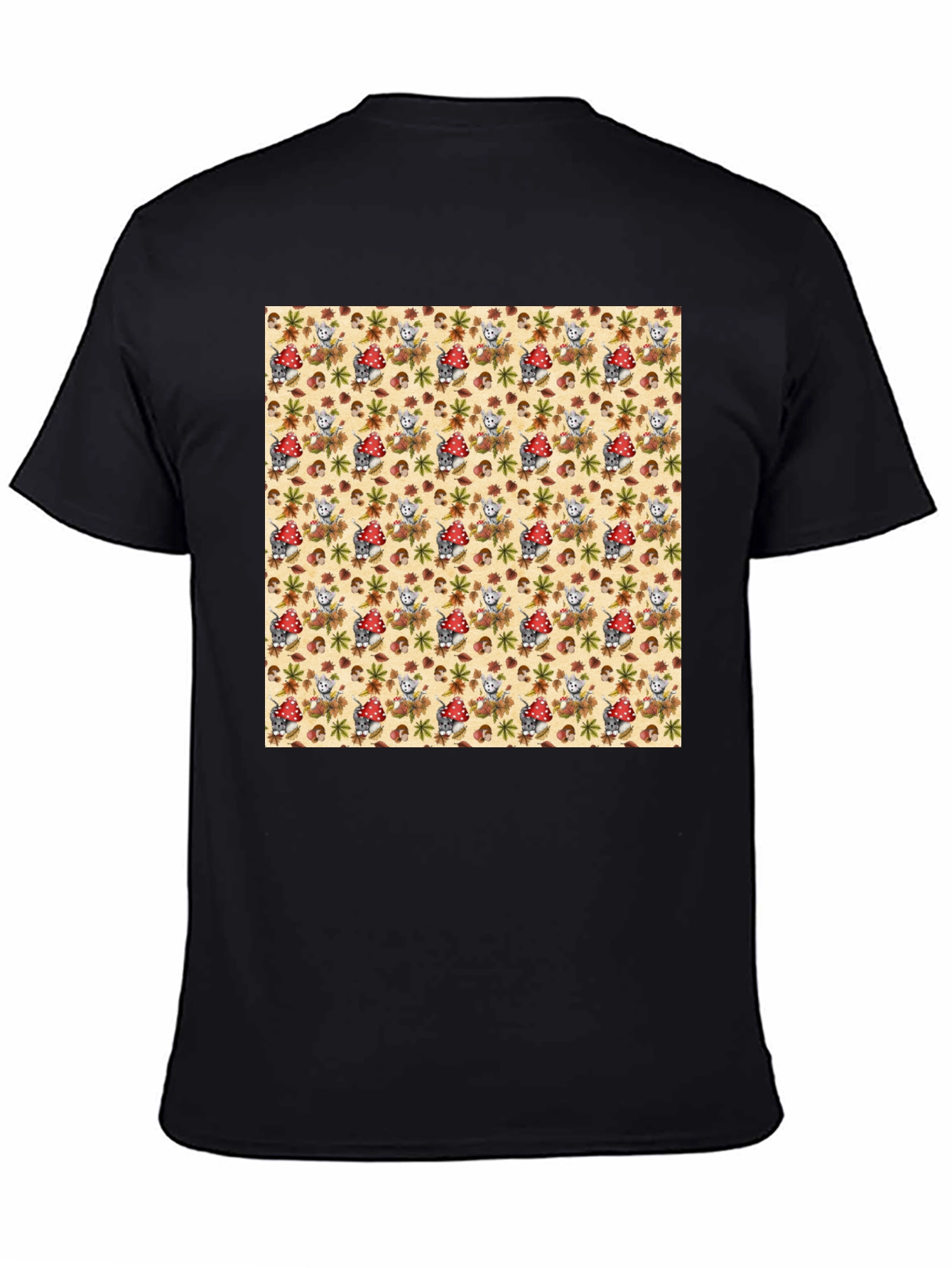 Funky Mushroom & Squirrel Print Black T-Shirt
