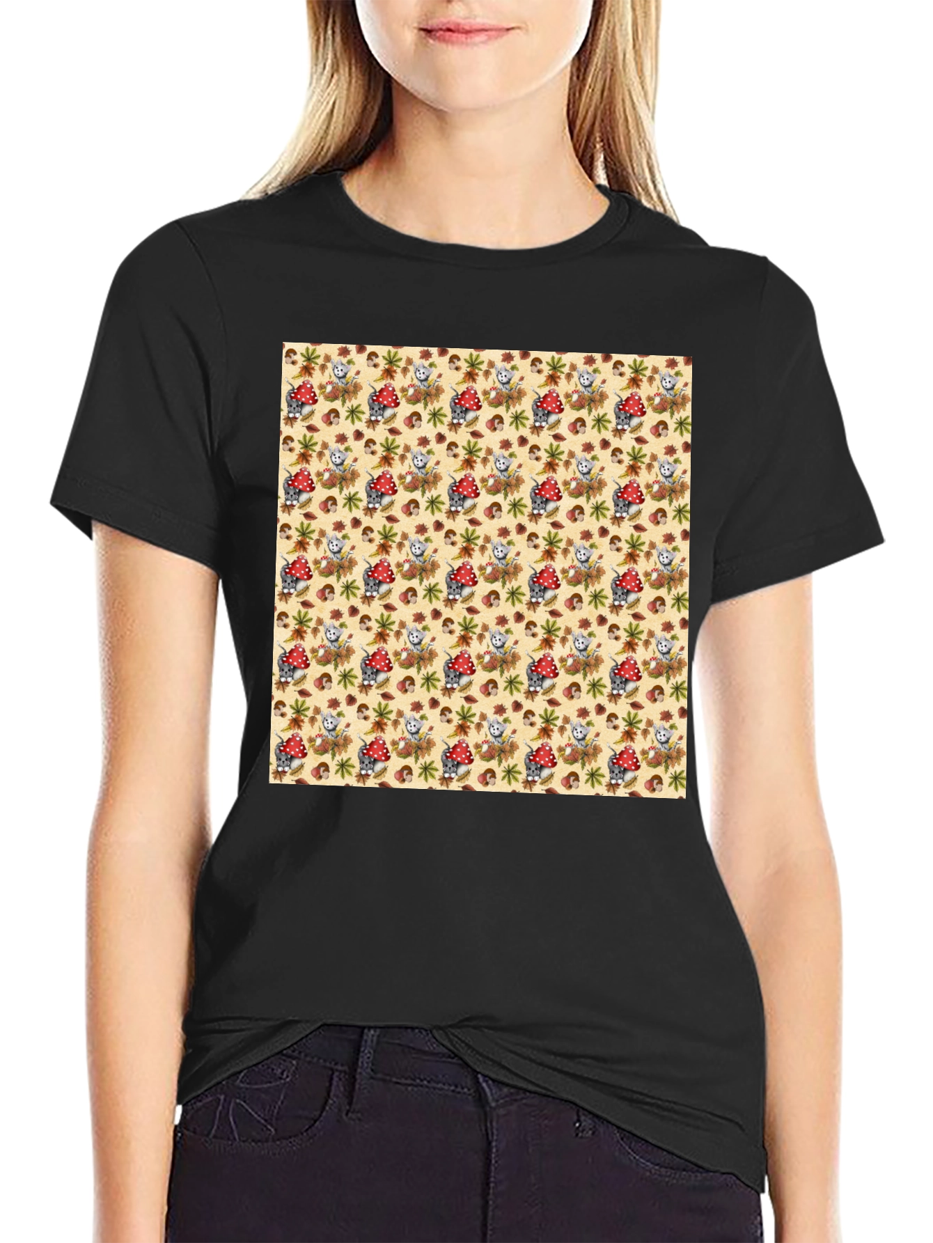 Funky Mushroom & Squirrel Print Black T-Shirt