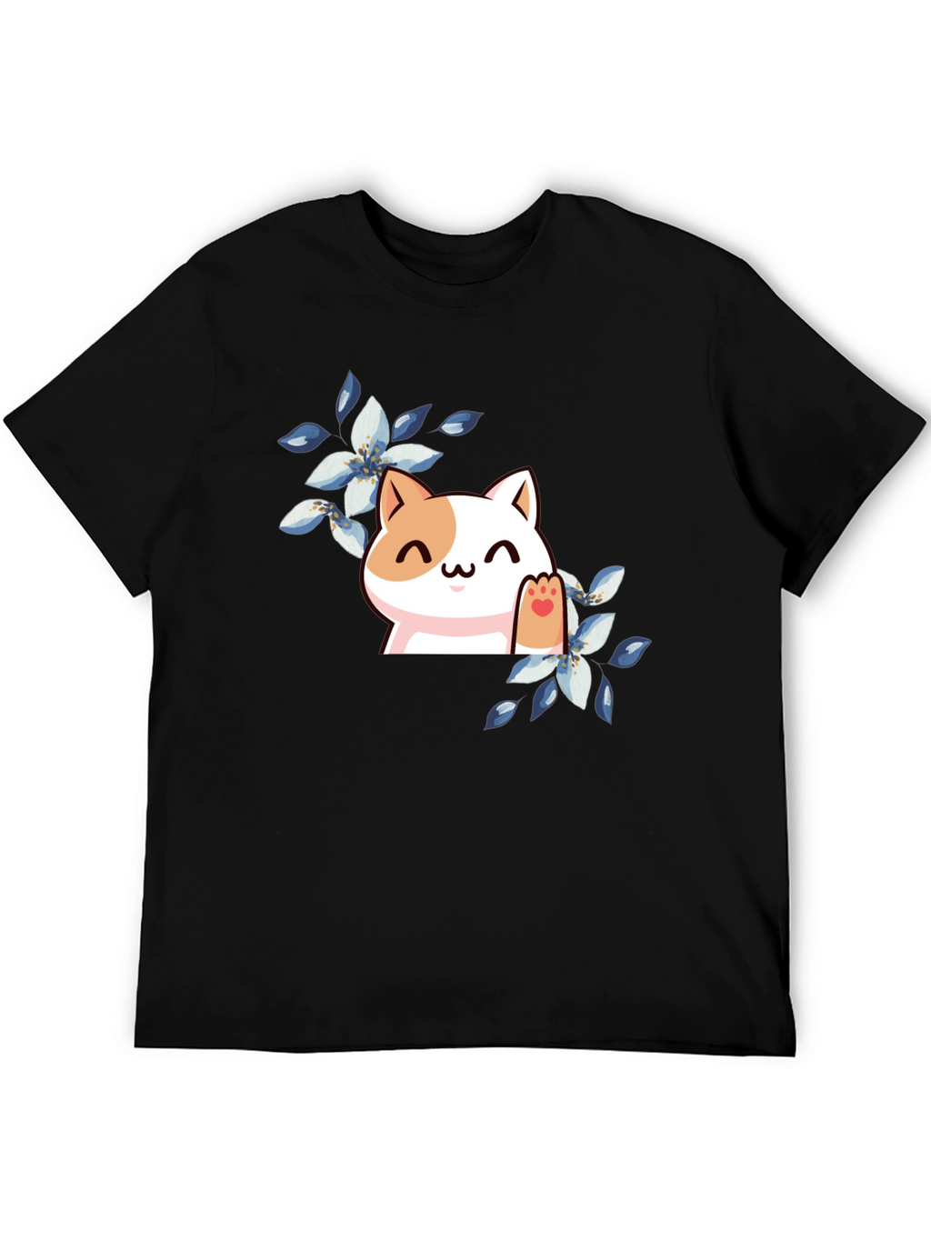 Cute Cat Floral T-Shirt - Black