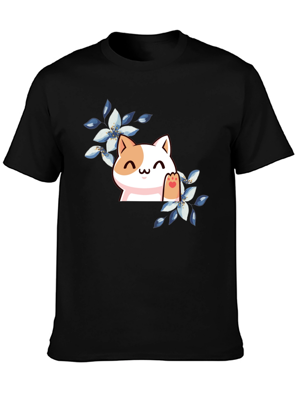 Cute Cat Floral T-Shirt - Black