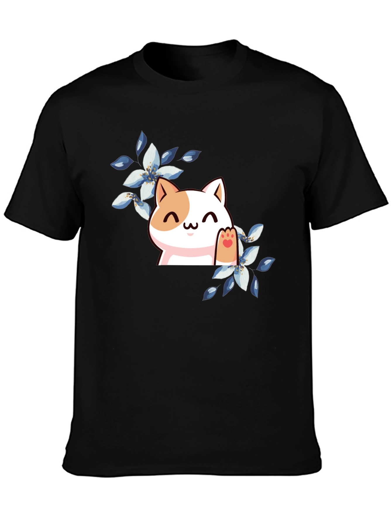 Cute Cat Floral T-Shirt - Black