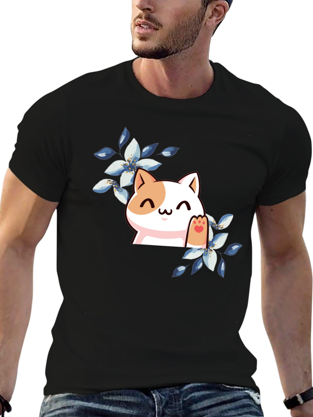 Cute Cat Floral T-Shirt - Black