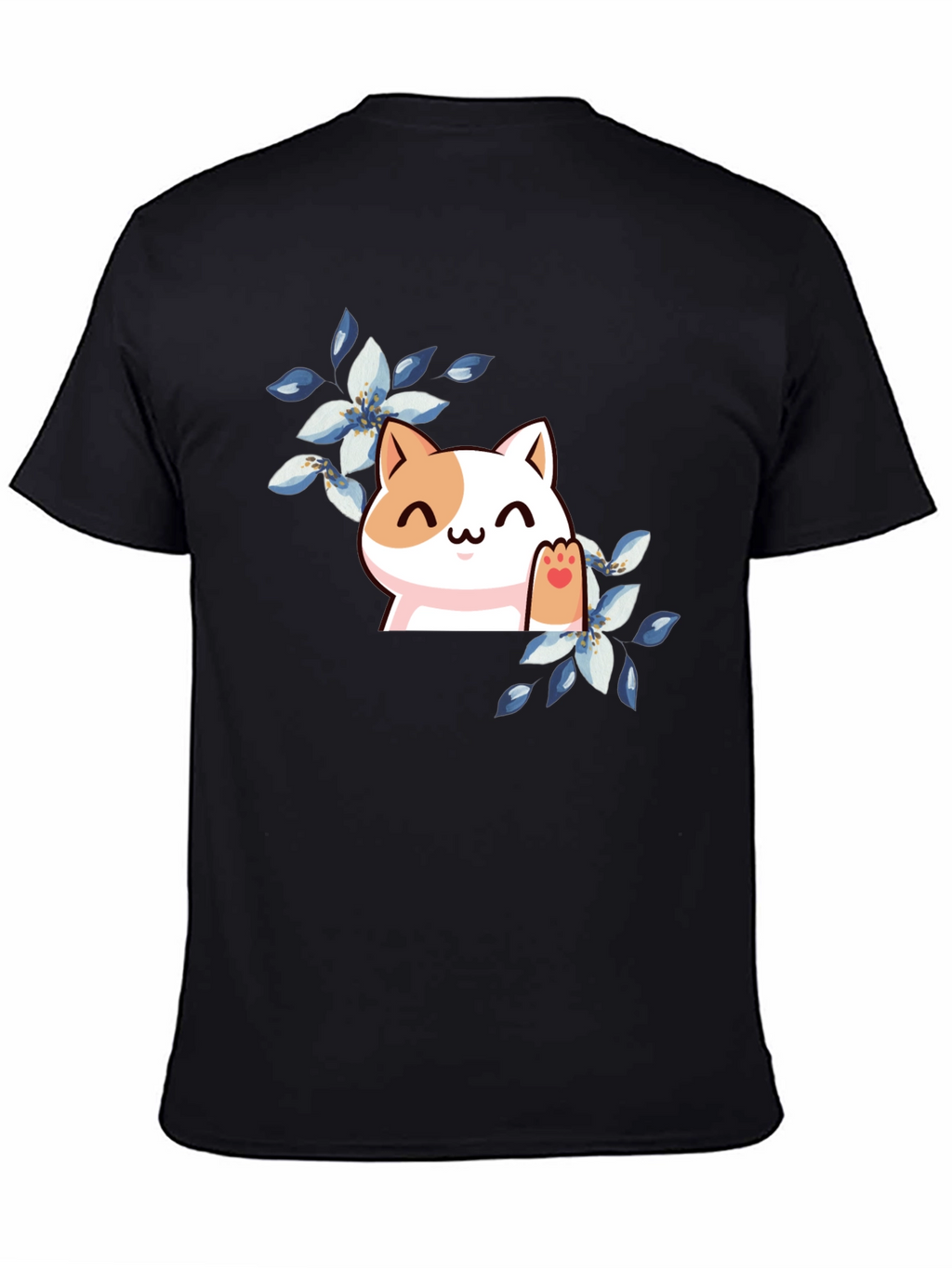 Cute Cat Floral T-Shirt - Black
