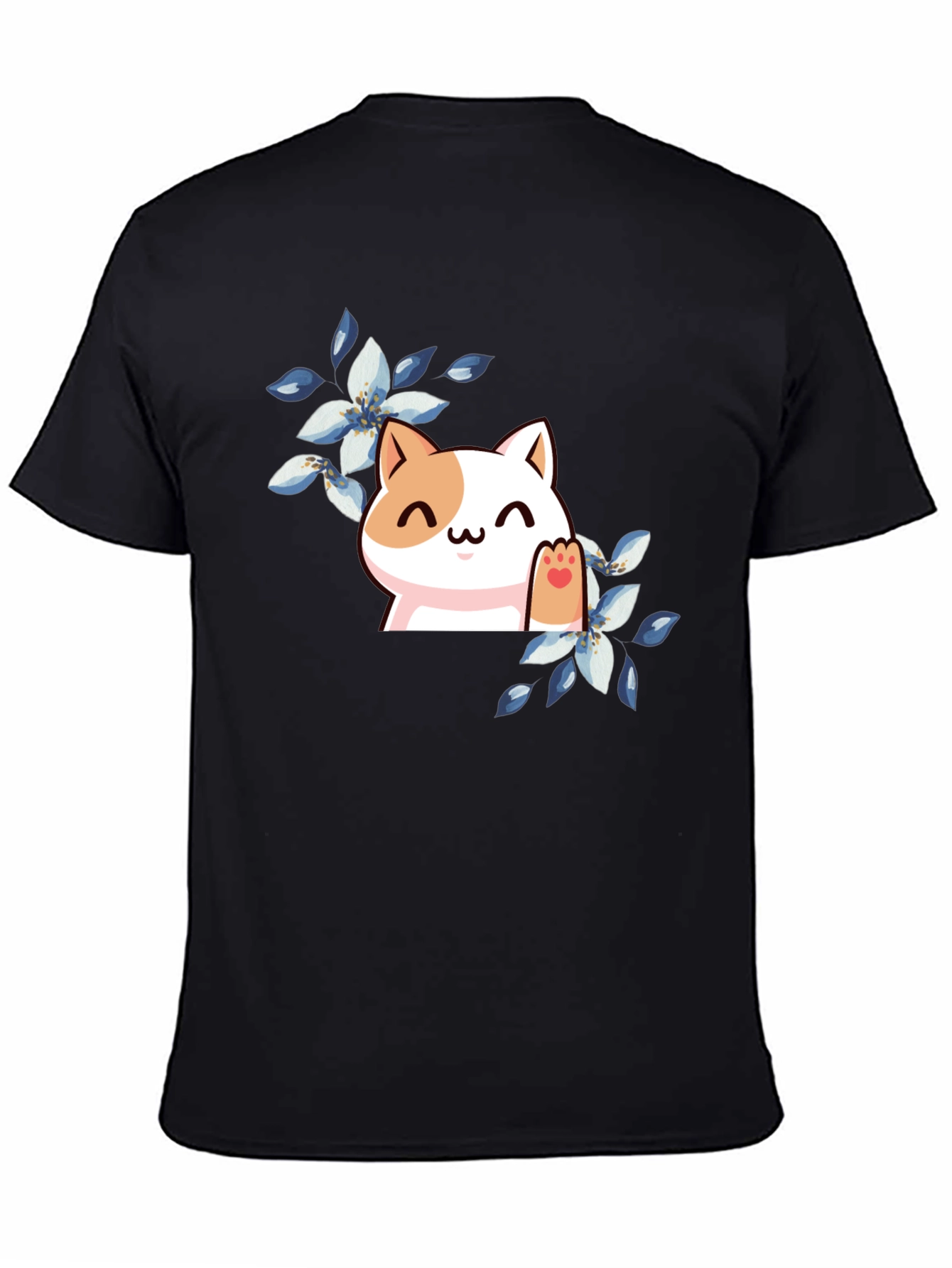 Cute Cat Floral T-Shirt - Black