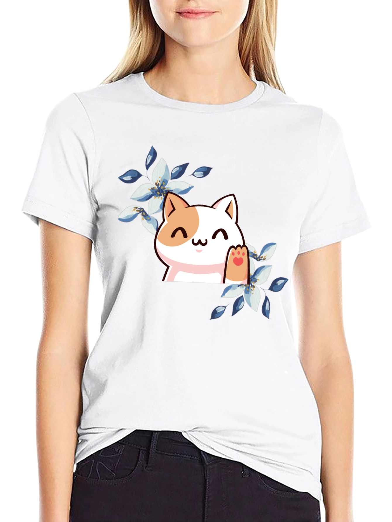 Cute Cat Floral T-Shirt - Black