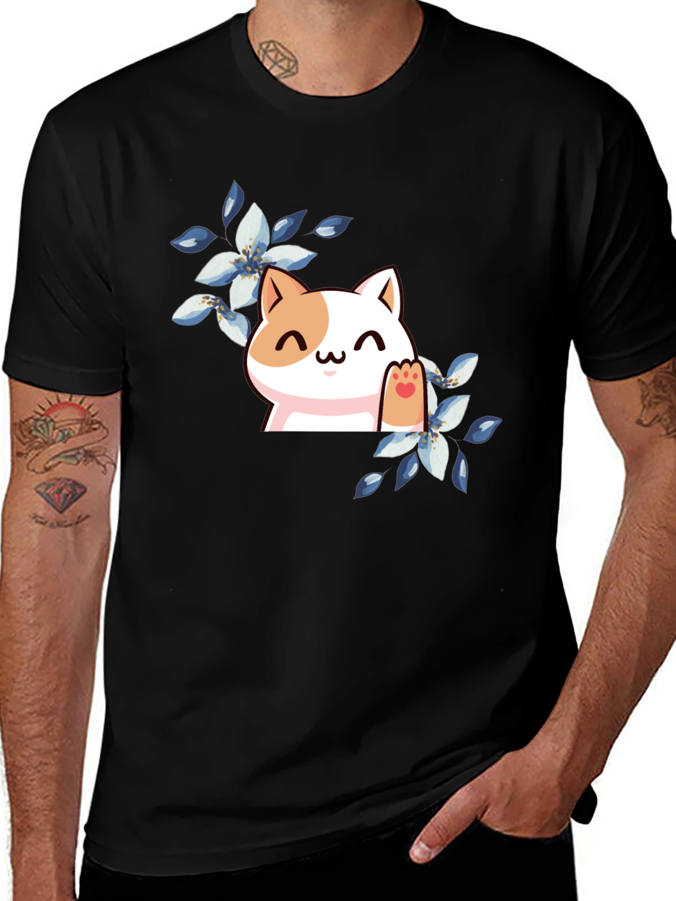 Cute Cat Floral T-Shirt - Black