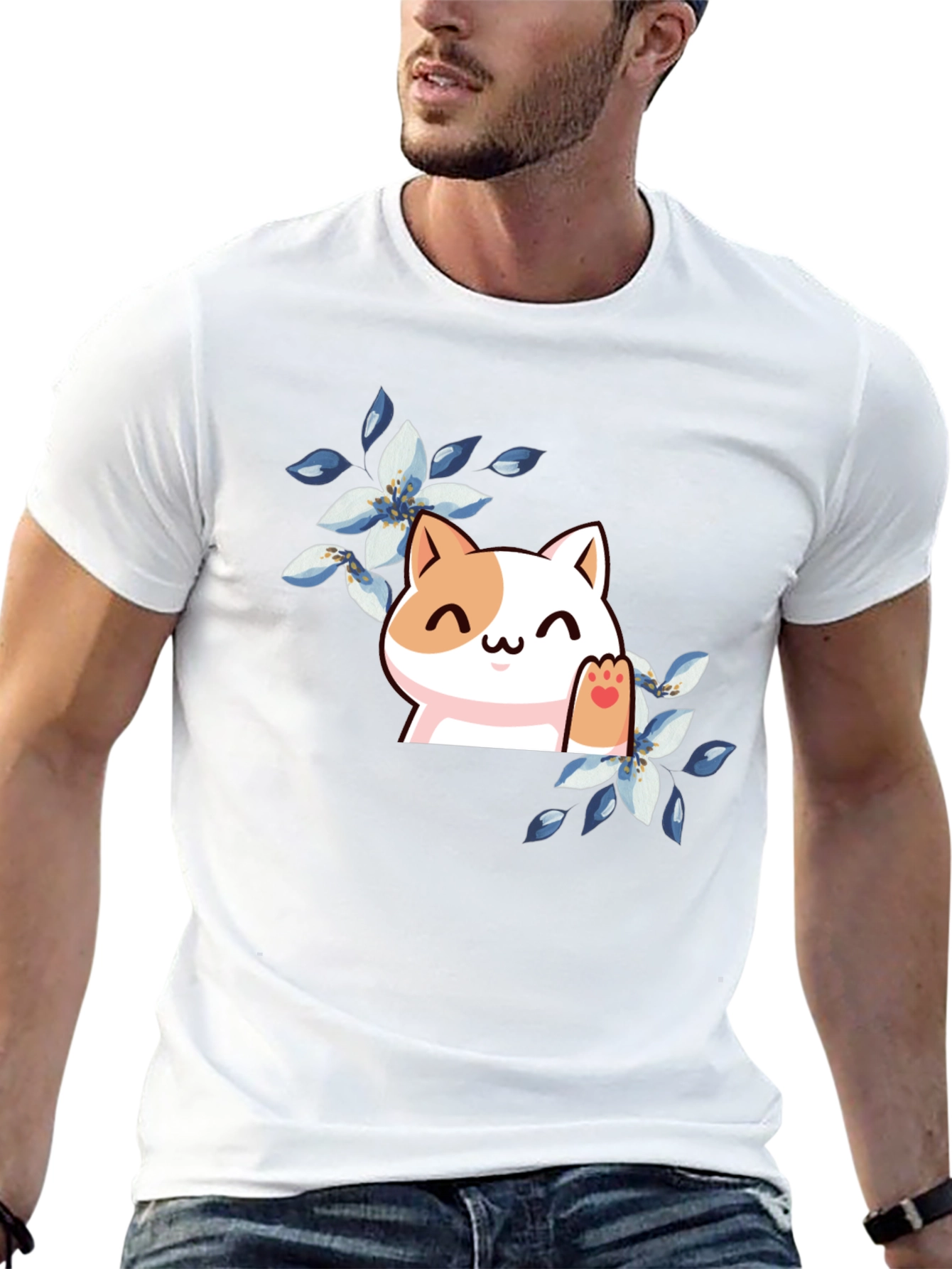 Cute Cat Floral T-Shirt - Black
