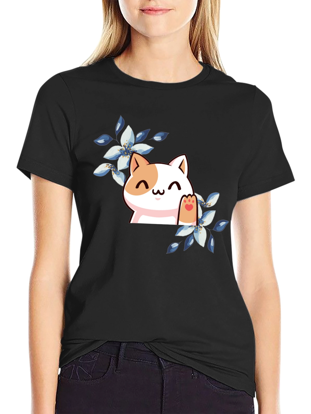 Cute Cat Floral T-Shirt - Black