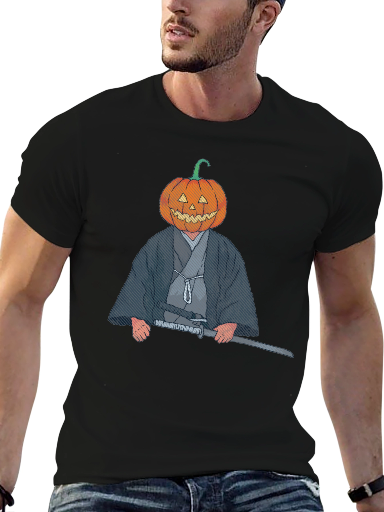 Pumpkin Head Samurai Graphic T-Shirt