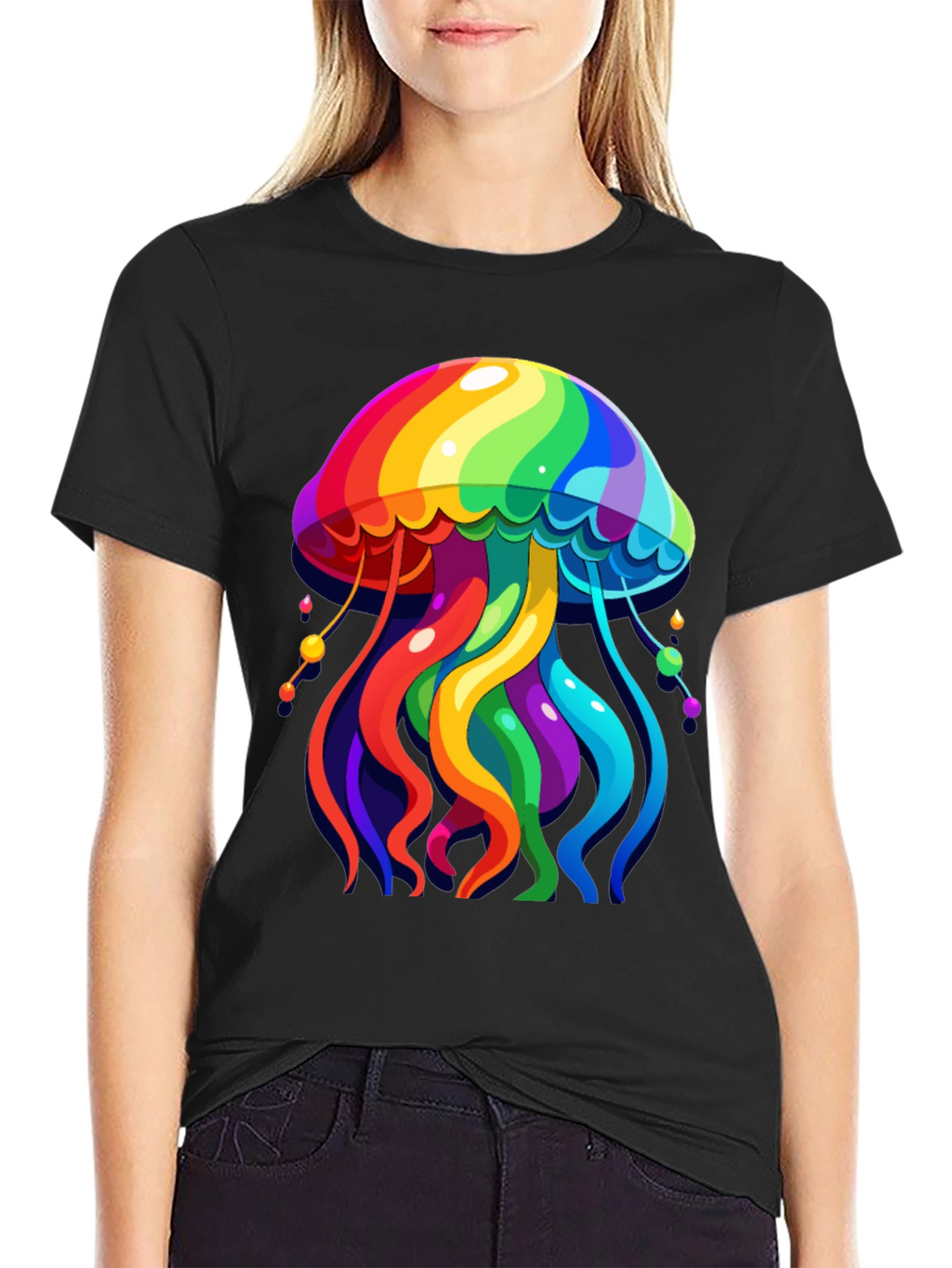 Rainbow Jellyfish Graphic Tee - Black Cotton Casual Shirt
