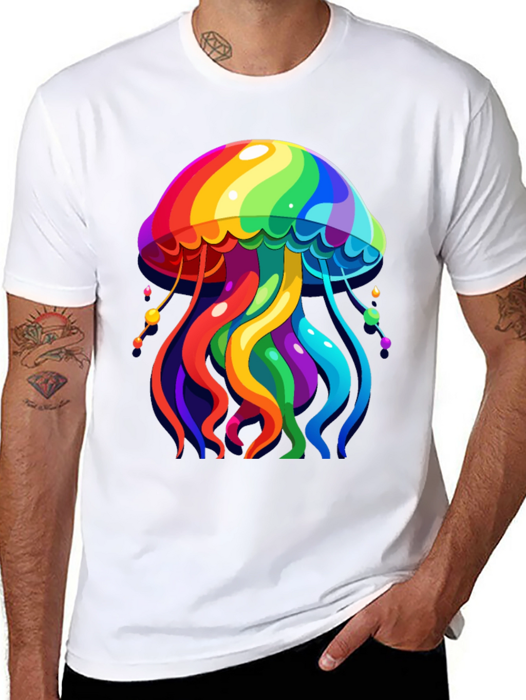 Rainbow Jellyfish Graphic Tee - Black Cotton Casual Shirt