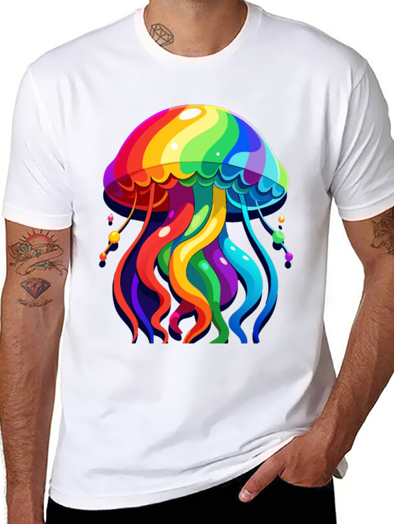Rainbow Jellyfish Graphic Tee - Black Cotton Casual Shirt
