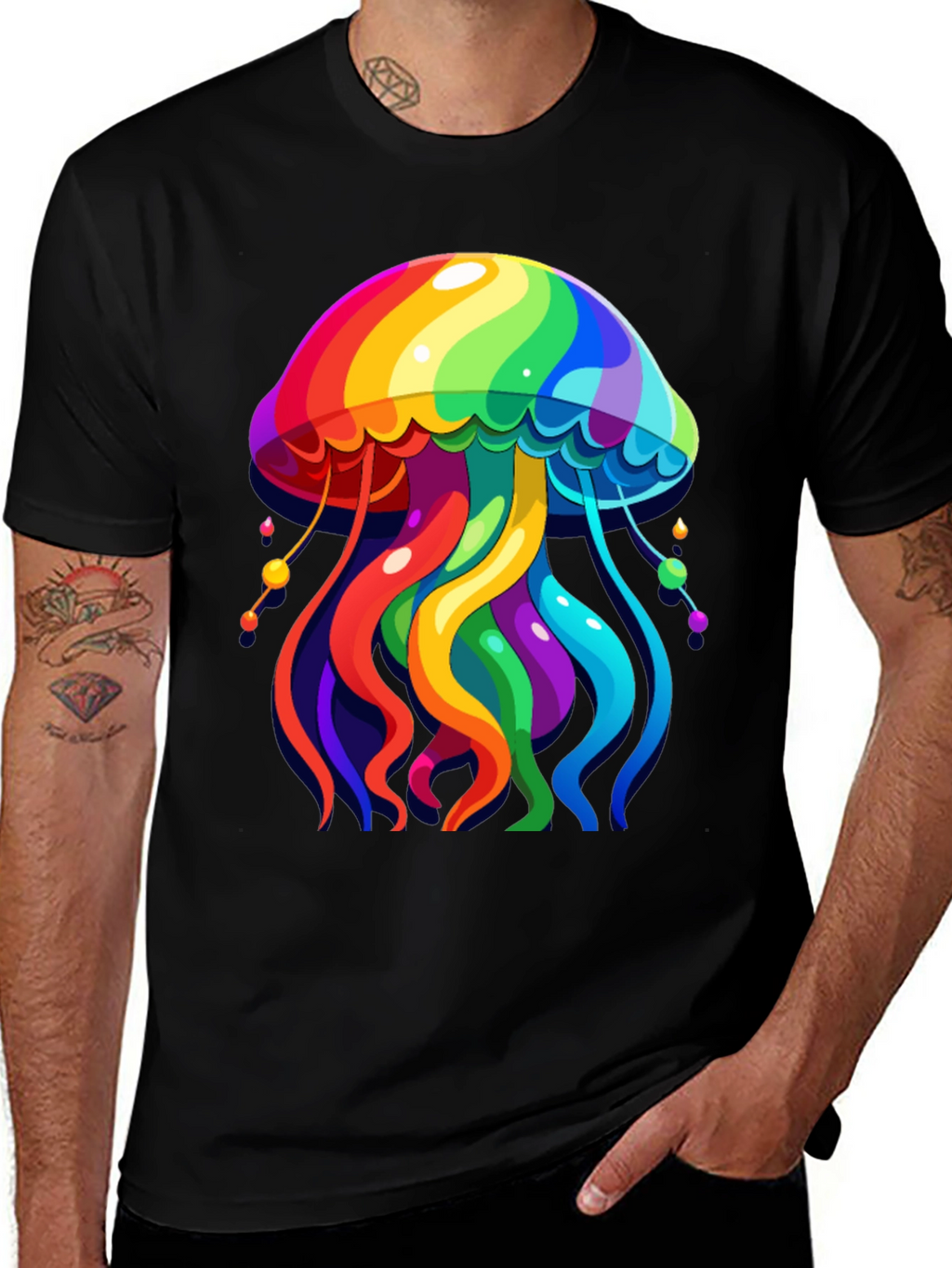 Rainbow Jellyfish Graphic Tee - Black Cotton Casual Shirt