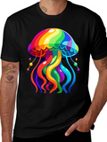 Rainbow Jellyfish Graphic Tee - Black Cotton Casual Shirt