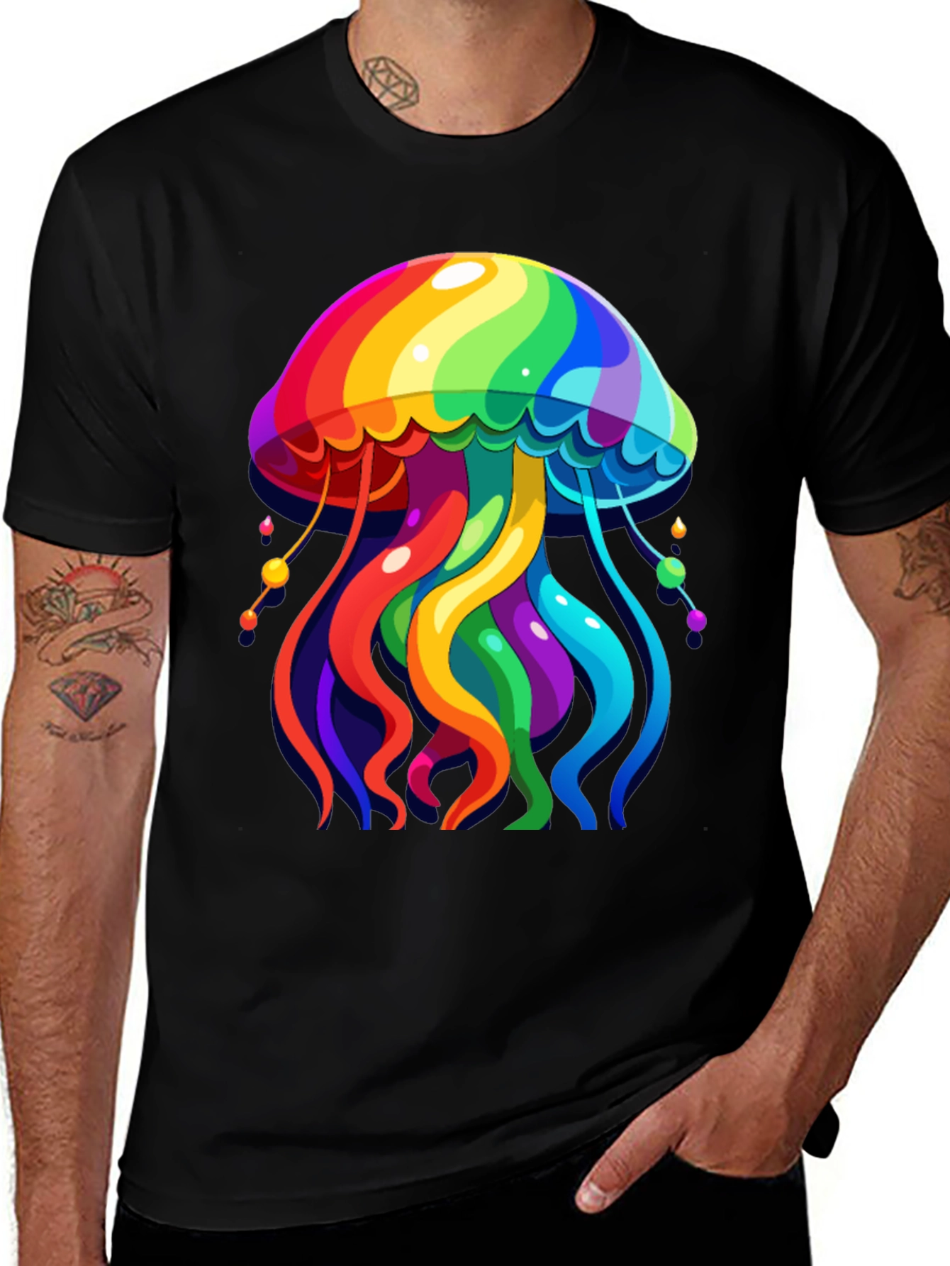 Rainbow Jellyfish Graphic Tee - Black Cotton Casual Shirt