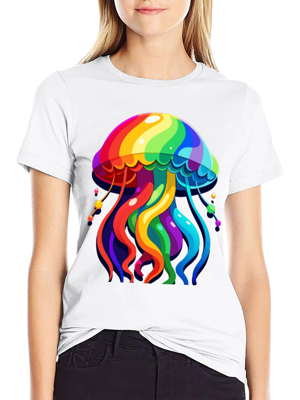 Rainbow Jellyfish Graphic Tee - Black Cotton Casual Shirt