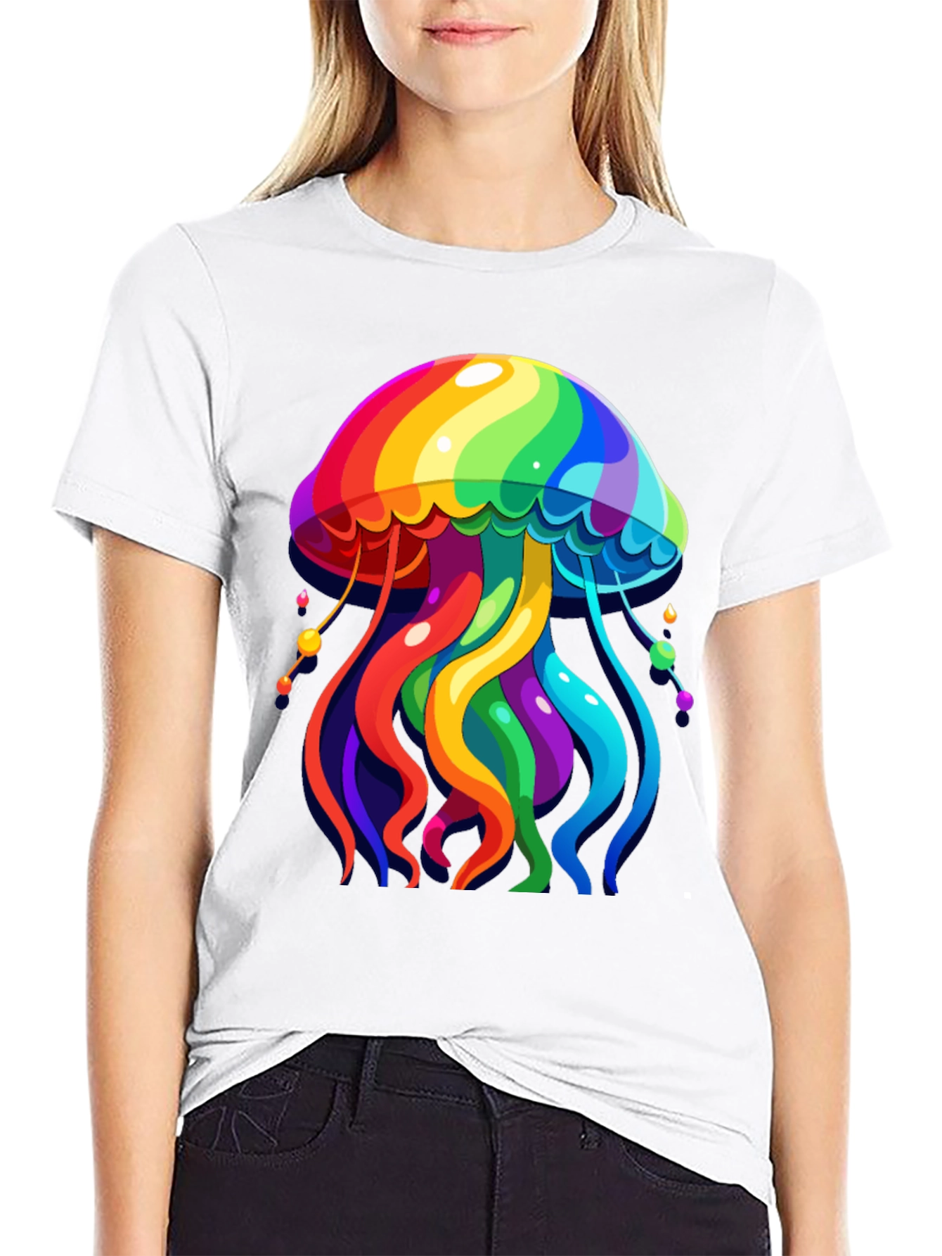 Rainbow Jellyfish Graphic Tee - Black Cotton Casual Shirt