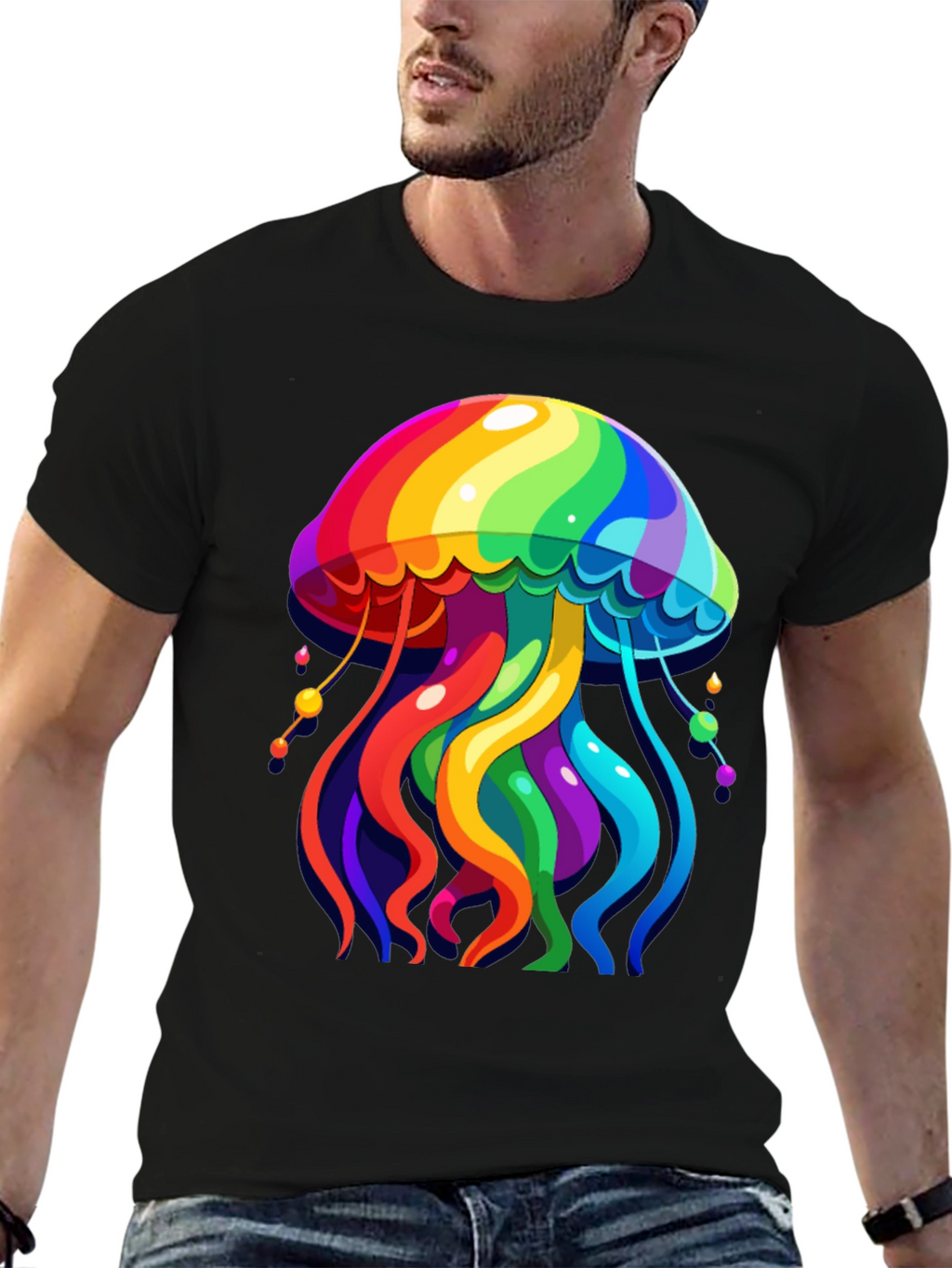 Rainbow Jellyfish Graphic Tee - Black Cotton Casual Shirt