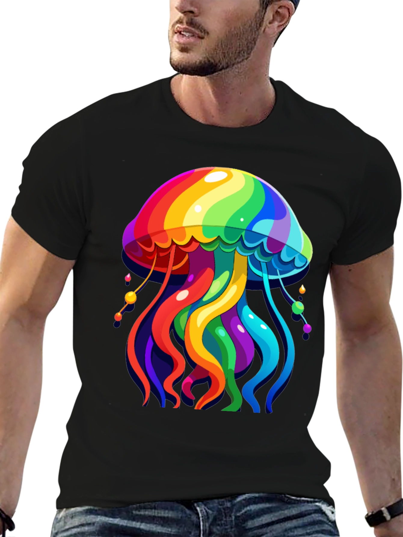 Rainbow Jellyfish Graphic Tee - Black Cotton Casual Shirt
