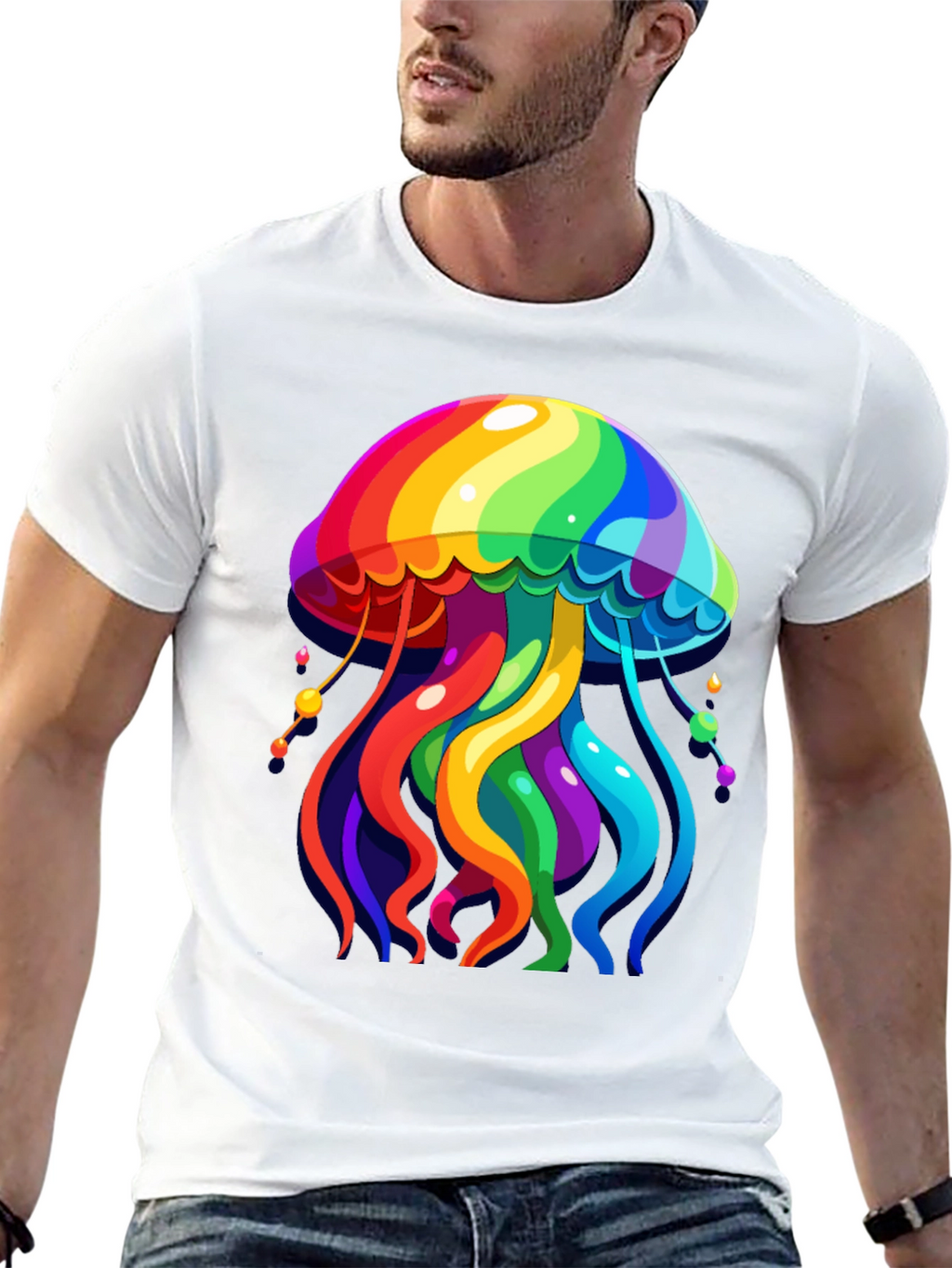 Rainbow Jellyfish Graphic Tee - Black Cotton Casual Shirt
