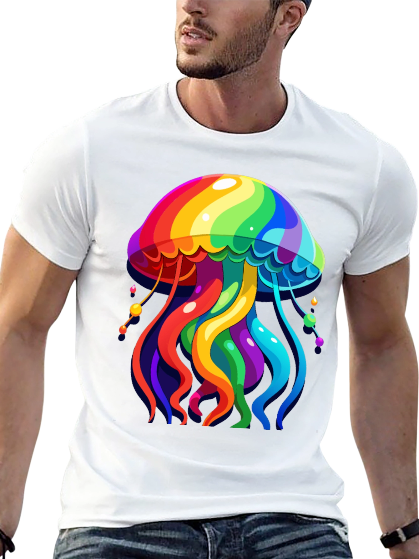 Rainbow Jellyfish Graphic Tee - Black Cotton Casual Shirt