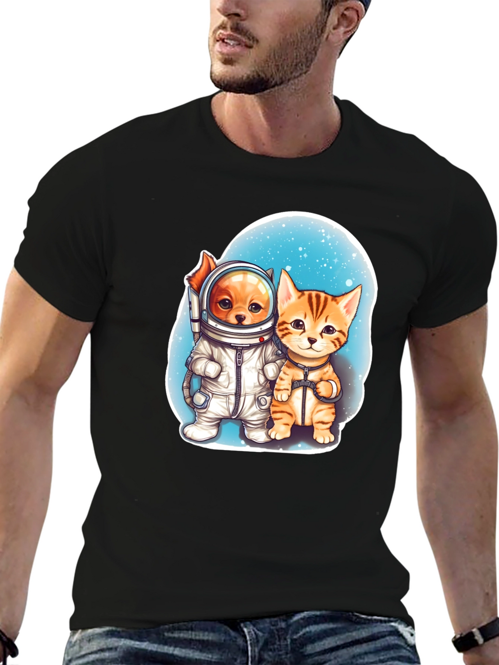 Astronaut Dog & Cat Graphic Tee - Space Adventure!